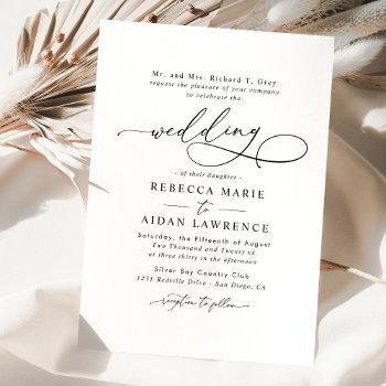 black white blush elegant script modern wedding invitation