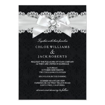 Small Black & White Damask & Pearl Bow Wedding Invite Front View