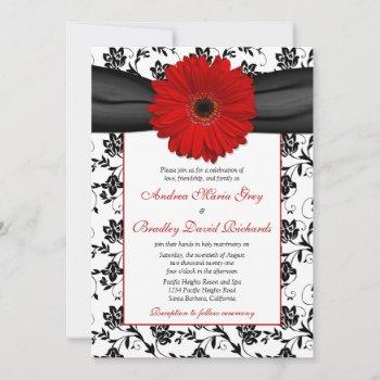 black white damask red daisy wedding invitation