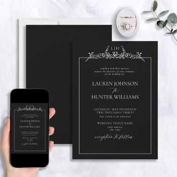 black white floral border monogram wedding invitation