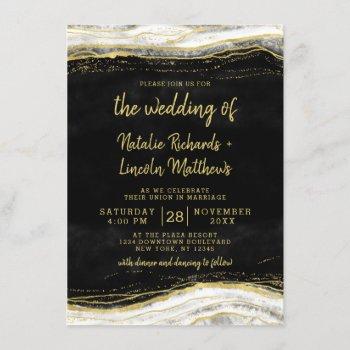 black white & gold geode agate marble wedding invitation
