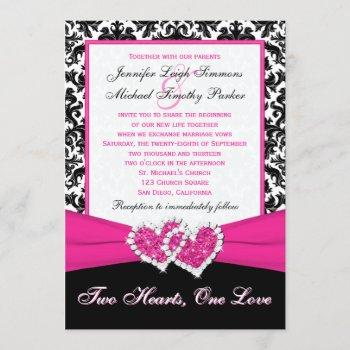 black white pink damask hearts wedding invitation