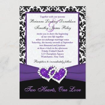 Small Black White Purple Damask Hearts Wedding Invite Front View