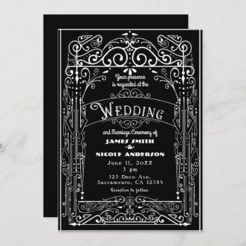 black & white vintage victorian deco wedding invitation