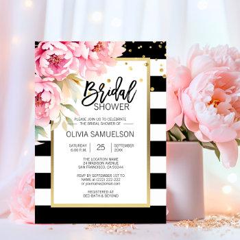 black white watercolor pink floral bridal shower invitation