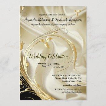 black with gold on champagne silk wedding invitation