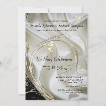 black with silver & gold on champagne silk wedding invitation