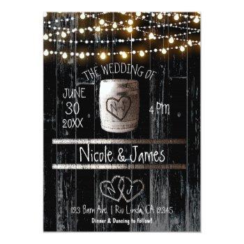 Small Black Wood String Lights & Barrel Rustic Wedding Front View