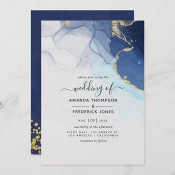 blue and gold alcohol ink wedding invitation