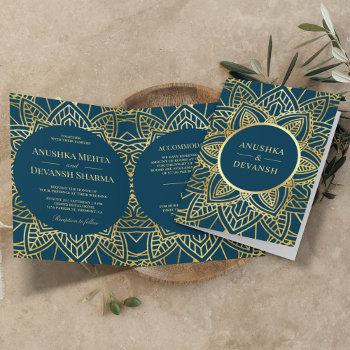 blue and gold ethnic mandala indian wedding invitation