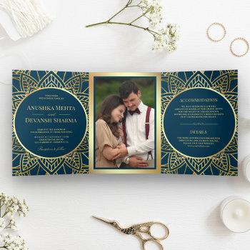 blue and gold ethnic mandala indian wedding tri-fold invitation