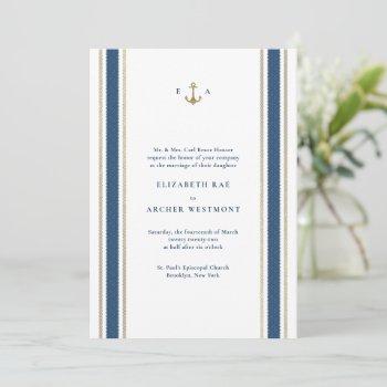 blue and gold nautical stripes coastal wedding invitation