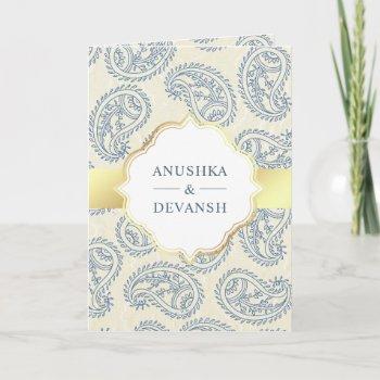 blue and gold paisley traditional indian wedding invitation