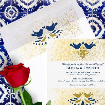 Small Blue And Golden Love Birds Mexican Wedding Square Envelope Liner Front View