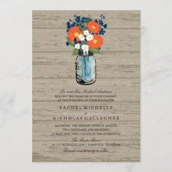 blue and orange garden mason jar wood | wedding invitation