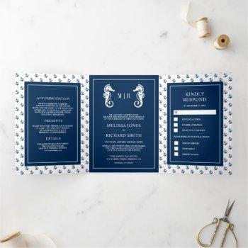 blue and white nautical anchor seahorse wedding tri-fold invitation
