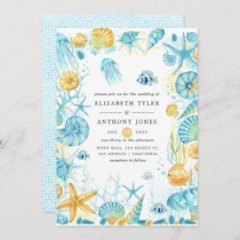 blue and yellow sea life wedding invitation