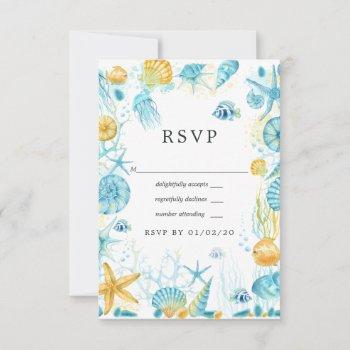 blue and yellow sea life wedding rsvp card
