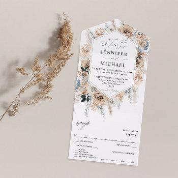 blue & beige boho floral wedding all in one invitation