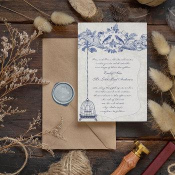 blue birdcage oak vintage love birds wedding invitation