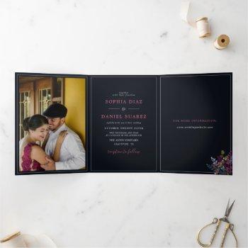 blue burgundy olive leaves wedding tri-fold invitation