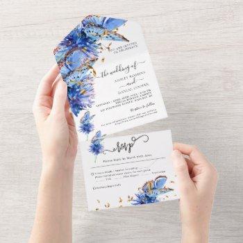blue butterflies gold wedding all in one invitation