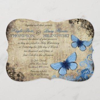blue butterfly vintage wedding invitation