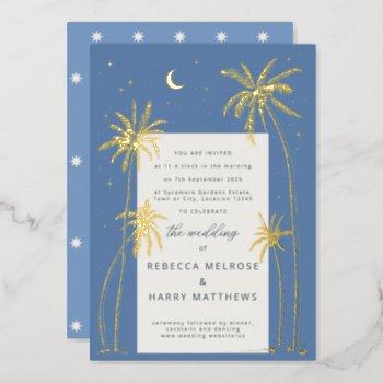 blue celestial palm tree wedding foil invitation