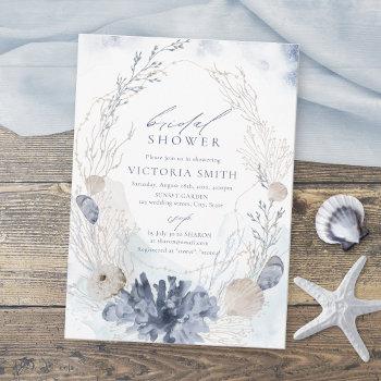 blue coral & seashells beach themed bridal shower invitation