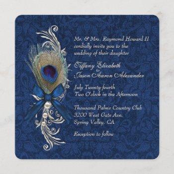 blue damask and peacock feather wedding invitation