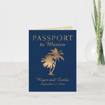 blue faux gold foil cancun mexico wedding passport invitation