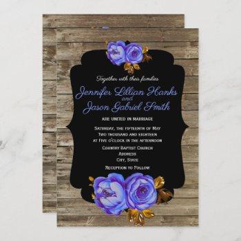 blue floral, chalkboard rustic brown wood wedding invitation