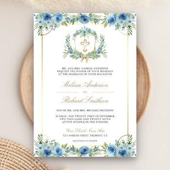 blue floral gold catholic cross qr code wedding invitation