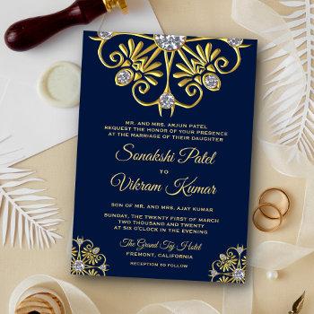 Small Blue Gold Diamond Mandala Indian Wedding Invite Front View