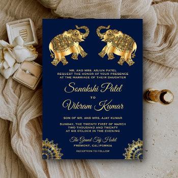 Small Blue Gold Ethnic Elephants Indian Wedding Invite Front View