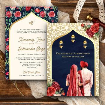 blue gold red rose floral anand karaj sikh wedding invitation