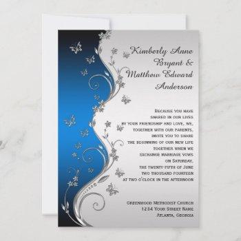 blue gradient silver ornate butterflies wedding invitation