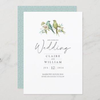blue green birds botanical watercolor wedding invitation