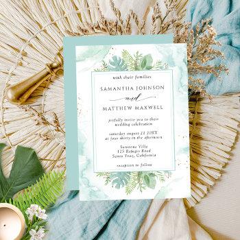blue green watercolor and greenery wedding invitation