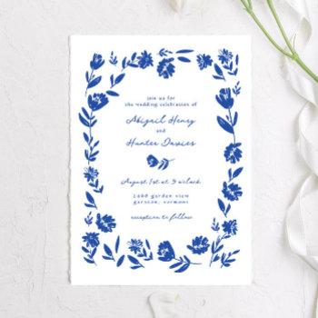 blue hand drawn whimsical flower border wedding invitation