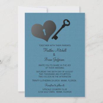 Small Blue Heart Lock And Key Wedding Invite Front View