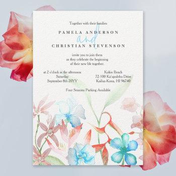 blue hibiscus, orange heliconia flowers wedding invitation