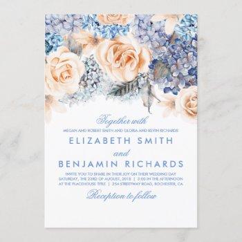 blue hydrangea and peach flowers - floral wedding invitation