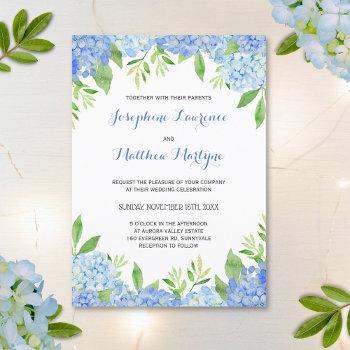 blue hydrangea floral greenery wedding invitation