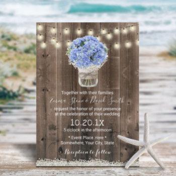 Small Blue Hydrangea Floral Jar Rustic Barn Wood Wedding Front View