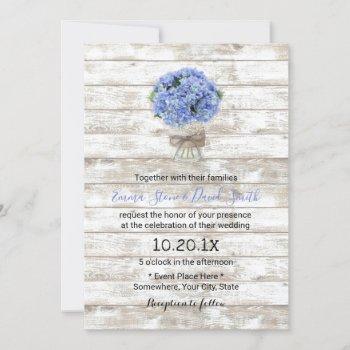 Small Blue Hydrangea Floral Jar Rustic Wood Wedding Front View