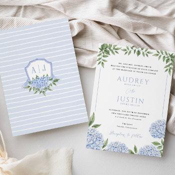 blue hydrangea flowers, personalized crest wedding invitation