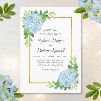 blue hydrangea gold border watercolor wedding invitation
