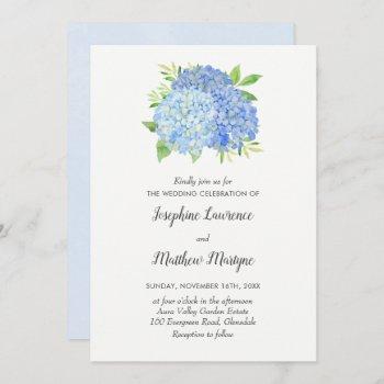 blue hydrangea leaves floral watercolor wedding invitation