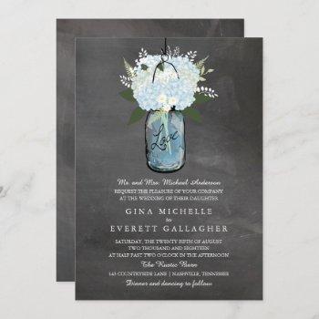 Small Blue Hydrangea Mason Jar Chalkboard | Wedding Front View